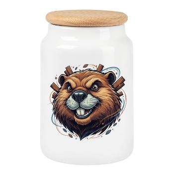Castor Joyeux avec des accents en bois - Boîte à biscuits avec couvercle en bois - blanc - Devant