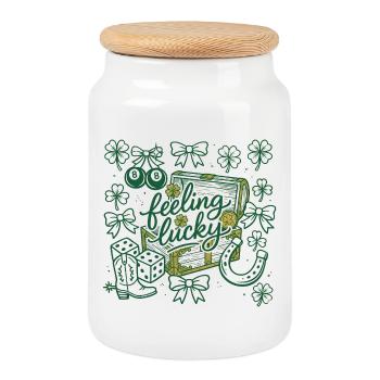 Feeling Lucky St. Patrick's Day Festive Typography - Cookie Jar with Wooden Lid - white - Front