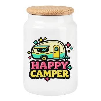 Illustration de caravane pastel Happy Camper - Boîte à biscuits avec couvercle en bois - blanc - Devant