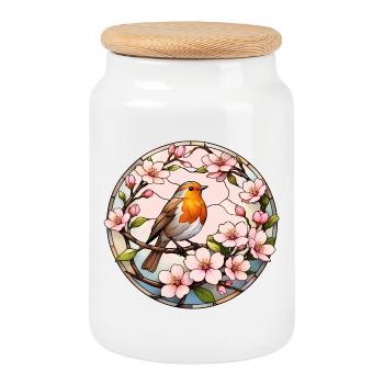 Rotkehlchen mit Kirschblüten Frühlingsmotiv - Keksdose mit Holzdeckel - Weiß - Vorne