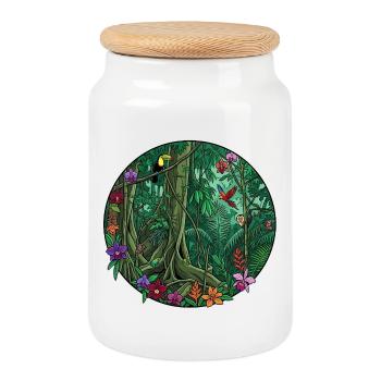 Tropical Jungle Circular Painting - Cookie Jar with Wooden Lid - white - Front