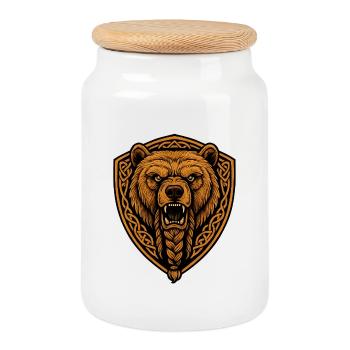 Brown bear in shield with braid - Cookie Jar with Wooden Lid - white - Front