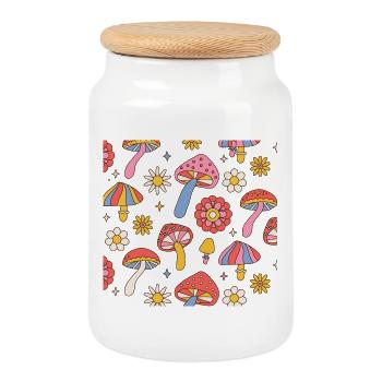Design rétro à motifs floraux champignons années 70 - Boîte à biscuits avec couvercle en bois - blanc - Devant