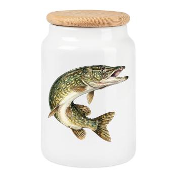 Pike in the Leap – Detailed Fish Illustration - Cookie Jar with Wooden Lid - white - Front