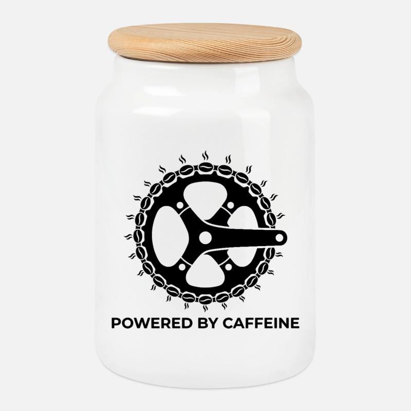 "Powered by Caffeine" Fahrradkurbel mit Kaffeebohne - Keksdose mit Holzdeckel - Weiß