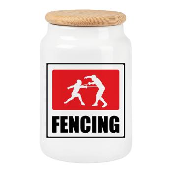 Fencing signage: silhouettes in the middle of a duel - Cookie Jar with Wooden Lid - white - Front