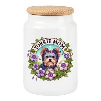 Cercle floral Yorkie Mom - Boîte à biscuits avec couvercle en bois - blanc - Devant