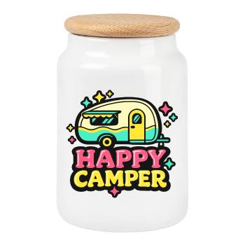 Camping-car rétro joyeux - Boîte à biscuits avec couvercle en bois - blanc - Devant