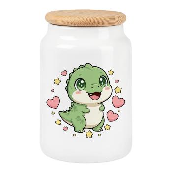 Little dinosaur with a star heart - Cookie Jar with Wooden Lid - white - Front