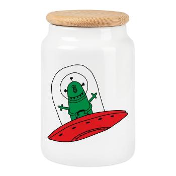 Alien Green Red Flying Saucer Toddler Baby - Cookie Jar with Wooden Lid - white - Front