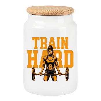Train Hard – Fitness Motivation - Cookie Jar with Wooden Lid - white - Front