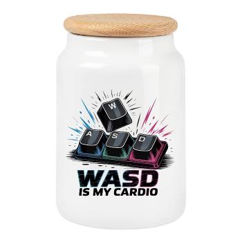Funny Gaming Keyboard WASD My Cardio Gamer - Cookie Jar with Wooden Lid - white - Front