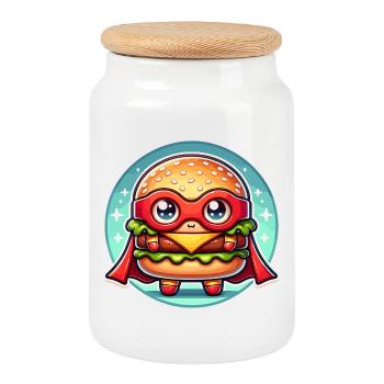 Hamburger Superhero Burger Held Fast Food Snack - Cookie Jar with Wooden Lid - white - Front