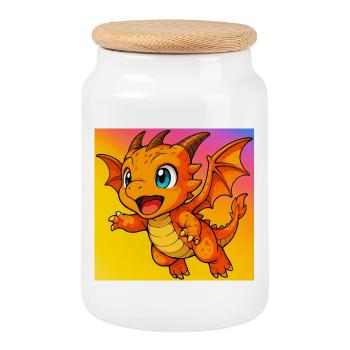 dragon - Cookie Jar with Wooden Lid - white - Front