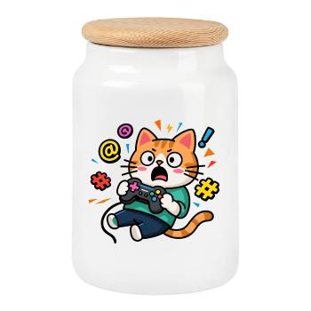Gamer Cat Unleashed - Cookie Jar with Wooden Lid - white - Front