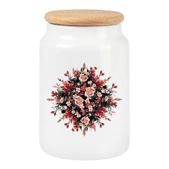 Bouquet floral rond en rouge et noir - Boîte à biscuits avec couvercle en bois - blanc - Devant