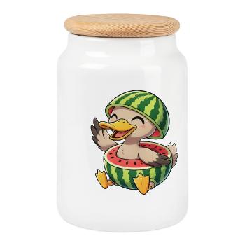 Cute duck in watermelon costume - Cookie Jar with Wooden Lid - white - Front