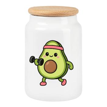 Avocado beim Fitness - Keksdose mit Holzdeckel - Weiß - Vorne