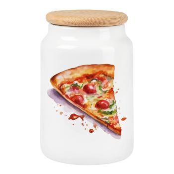 Pizza Watercolor Slice - Cookie Jar with Wooden Lid - white - Front