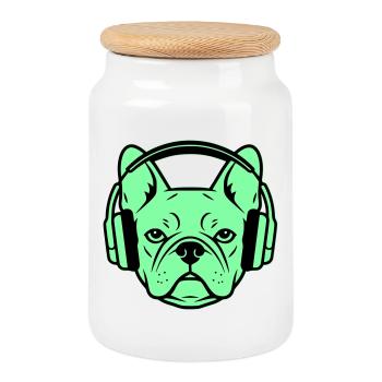 Frenchie Kopfhörer Gamer Hund - Keksdose mit Holzdeckel - Weiß - Vorne