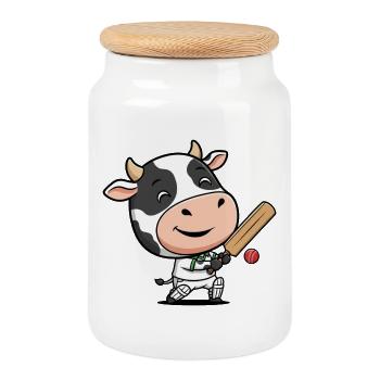 Funny Cricket Cow Cartoon Motif - Cookie Jar with Wooden Lid - white - Front
