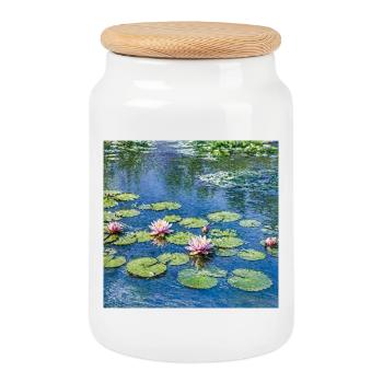 Lilies on a Blue Pond - Cookie Jar with Wooden Lid - white - Front