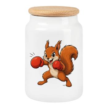 Boxendes Eichhörnchen Cartoon Spaß Motiv  - Keksdose mit Holzdeckel - Weiß - Vorne