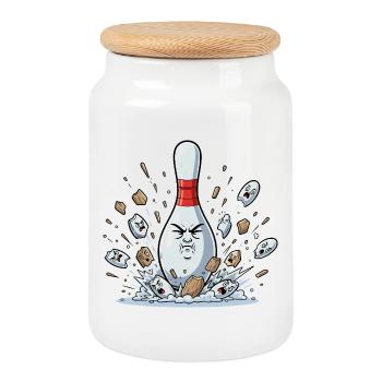 Exploding Bowling Pin Cartoon - Cookie Jar with Wooden Lid - white - Front