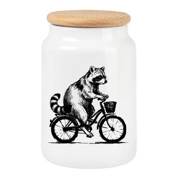 Waschbär auf Fahrrad lustige Tier Illustration - Keksdose mit Holzdeckel - Weiß - Vorne