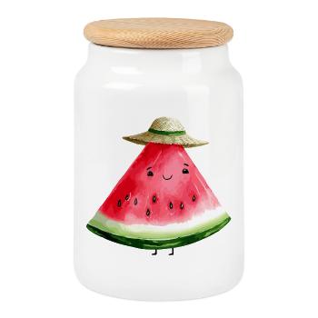 Pastèque Kawaii avec chapeau de soleil - Boîte à biscuits avec couvercle en bois - blanc - Devant