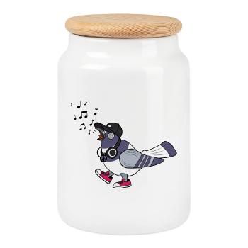 Pia Peace City Pigeon with Headphones - Cookie Jar with Wooden Lid - white - Front