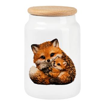 Fox and little one hug illustration - Cookie Jar with Wooden Lid - white - Front