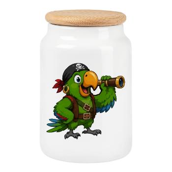 Piratenvogel mit Spektiv - Keksdose mit Holzdeckel - Weiß - Vorne