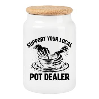 Humor Pottery – Unterstützen Sie Ihre lokale Kunst des Marihuanahändlers - Keksdose mit Holzdeckel - Weiß - Vorne