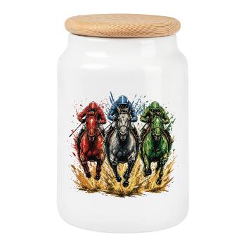 Three Racing Horses Derby Racetrack Fan - Cookie Jar with Wooden Lid - white - Front