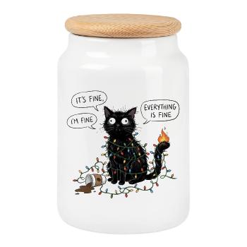 Black Cat Wrapped in Lights - Cookie Jar with Wooden Lid - white - Front