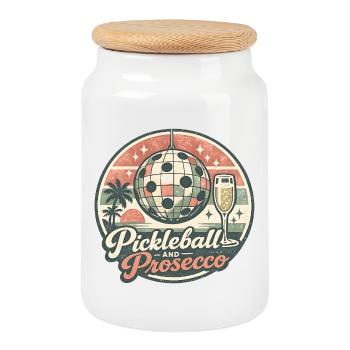 Pickleball and Prosecco Retro Logo - Cookie Jar with Wooden Lid - white - Front