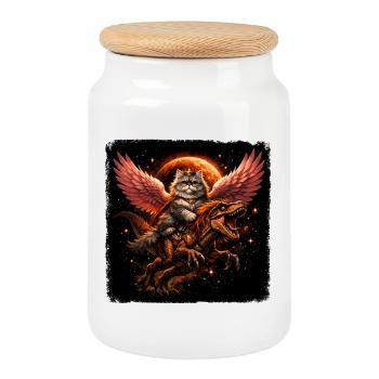 Cat queen on T-Rex with wings in space - Cookie Jar with Wooden Lid - white - Front