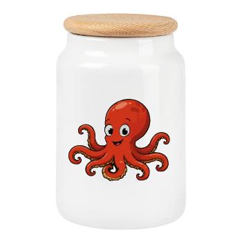 Cuddly Red Octopus Cartoon - Cookie Jar with Wooden Lid - white - Front