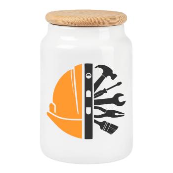 Construction Helmet & Tools – Craftsman Logo - Cookie Jar with Wooden Lid - white - Front