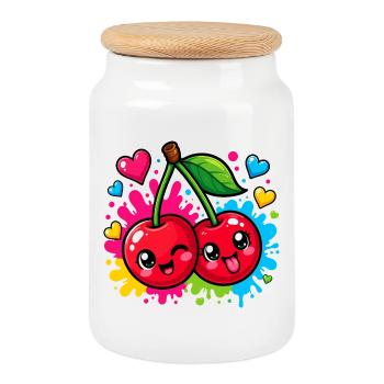 Dessin animé Cerises Éclaboussures Néon - Boîte à biscuits avec couvercle en bois - blanc - Devant