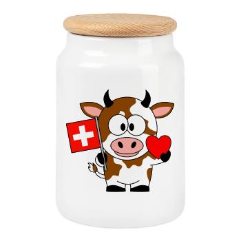 Cow with Swiss flag and heart - Cookie Jar with Wooden Lid - white - Front