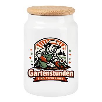 Gartenstunden Steuerfrei Cartoon - Keksdose mit Holzdeckel - Weiß - Vorne