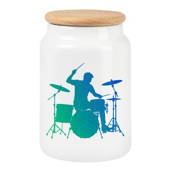 Geschenkidee für den Musiker mit Schlagzeugspielen - Keksdose mit Holzdeckel - Weiß - Vorne