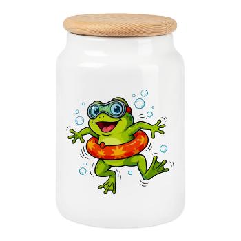 Cheerful frog with swimming ring - Cookie Jar with Wooden Lid - white - Front