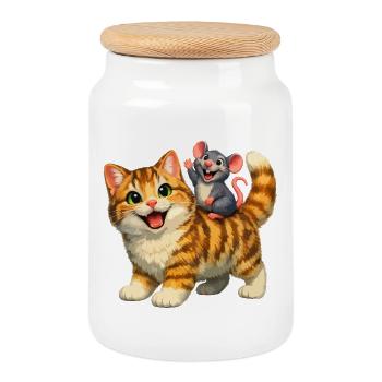 Happy Cat with Playful Mouse - Cookie Jar with Wooden Lid - white - Front