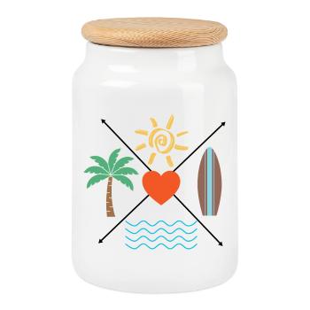 Soleil, Cœur, Surf, Vagues de palmiers, - Boîte à biscuits avec couvercle en bois - blanc - Devant