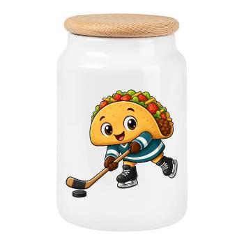 Taco Eishockeyspieler Comic fröhlich - Keksdose mit Holzdeckel - Weiß - Vorne