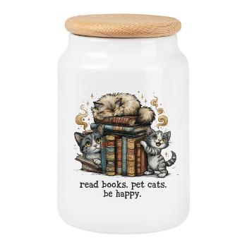 Read Books Pet Cats Be Happy Cats Bookworm - Cookie Jar with Wooden Lid - white - Front