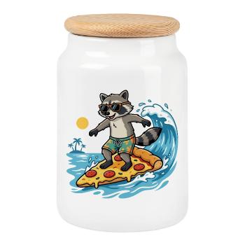 Surf Raton Laveur Aventure Pizza Salami Pizza Surfeur - Boîte à biscuits avec couvercle en bois - blanc - Devant